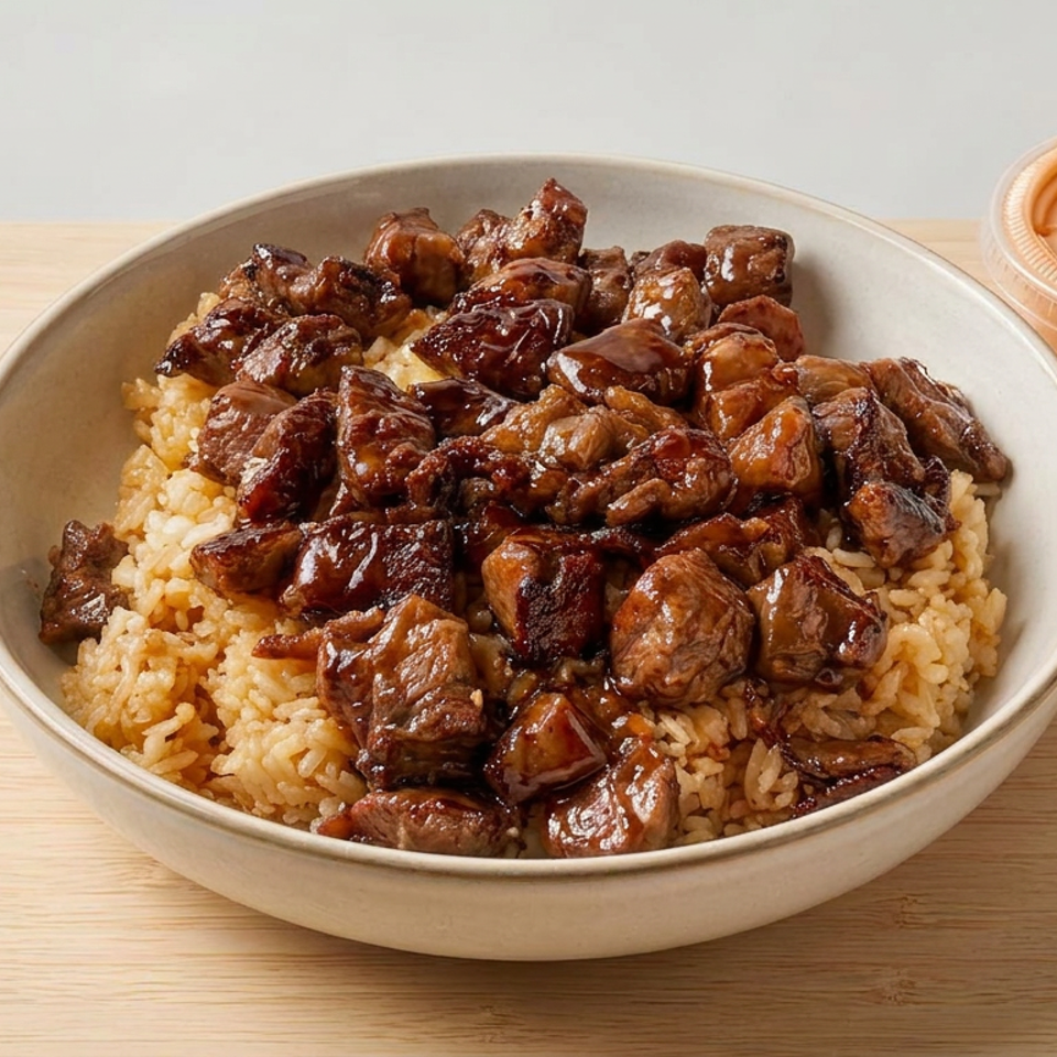Bowl of saucy grilled meat pieces over seasoned rice, served with a small container of orange dipping sauce on a wooden table.