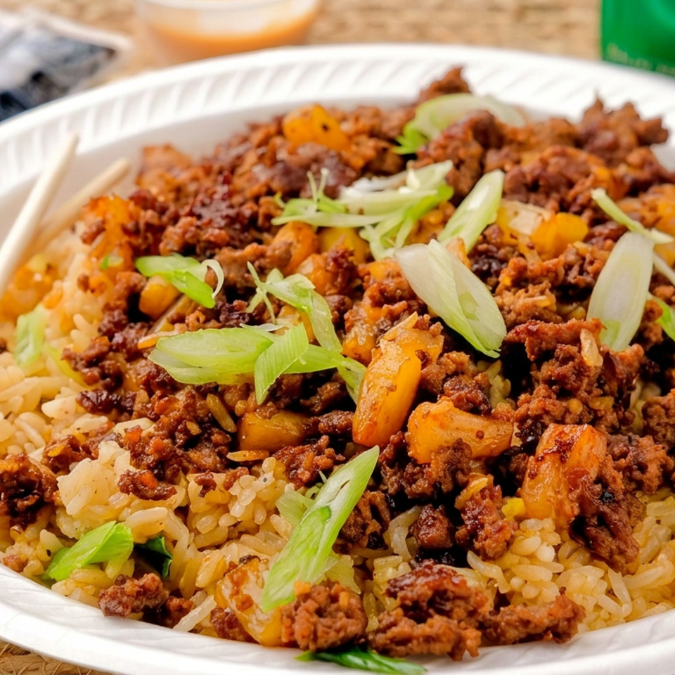Fried rice topped with seasoned ground meat, roasted vegetables, and sliced green onions on a paper plate with chopsticks.