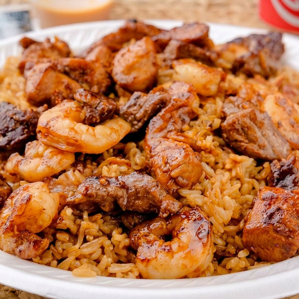 Plate of fried rice topped with grilled shrimp, steak, chicken, and sausage, with chopsticks beside it.