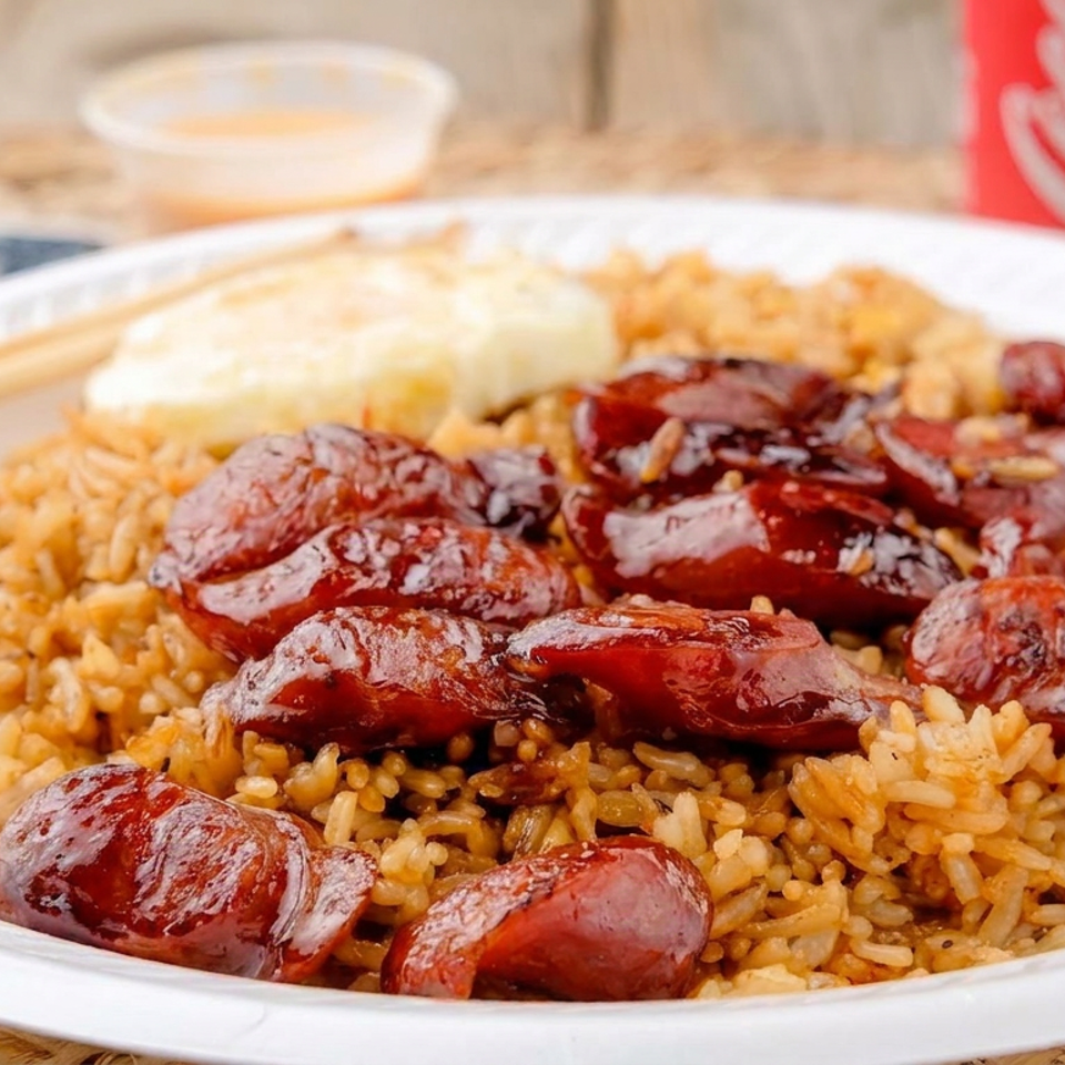 Plate of seasoned rice topped with sliced glazed sausage, accompanied by chopsticks, sauce, and a Coca-Cola drink.